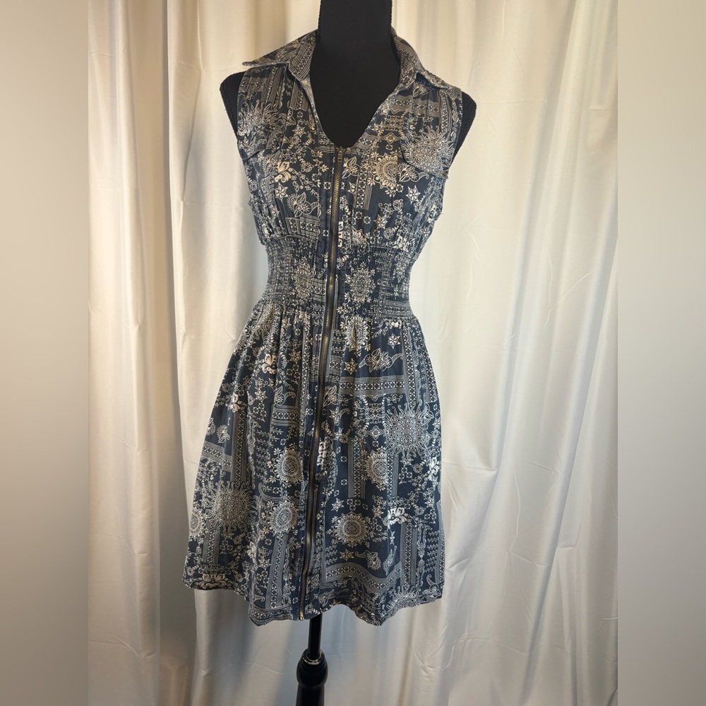 Boho Mandala Print Zip Front Dress Smocked Waist Sleeveless Festival Mini